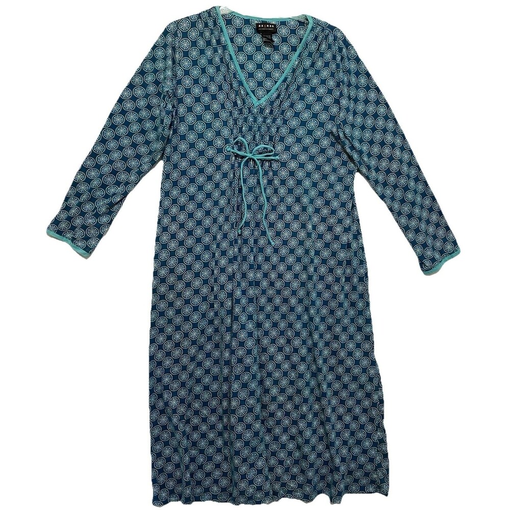 Axcess Liz Claiborne 1X Teal Blue Geometric Print Midi Dress 3/4 Sleeve V Neck